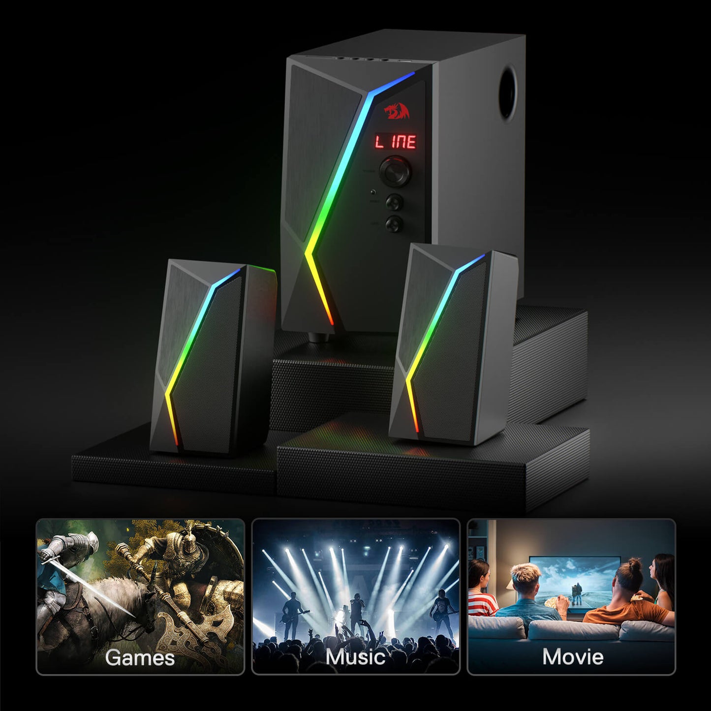 Redragon GS520-PRO 2.1 Channel Gaming Speaker, Dynamic RGB w/EQ Mode, BT/FM/USB/SD/AUX, Black