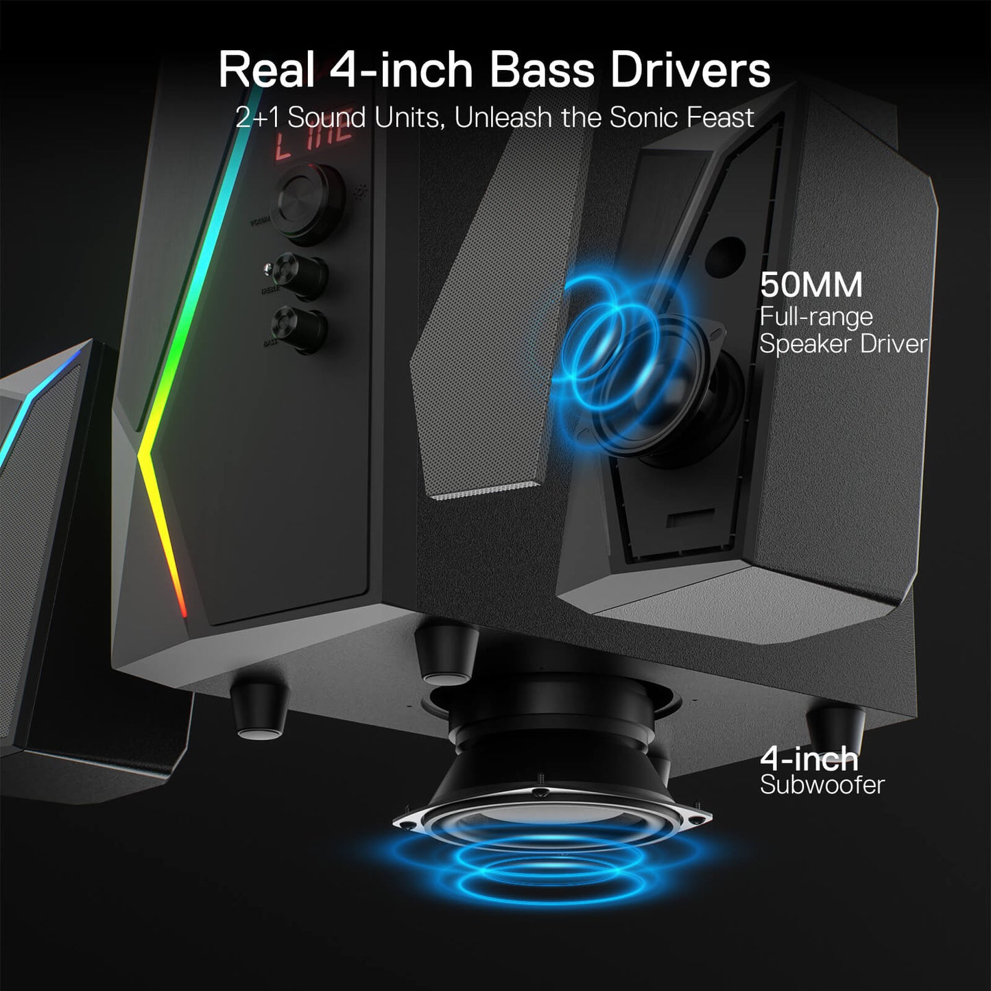 Redragon GS520-PRO 2.1 Channel Gaming Speaker, Dynamic RGB w/EQ Mode, BT/FM/USB/SD/AUX, Black