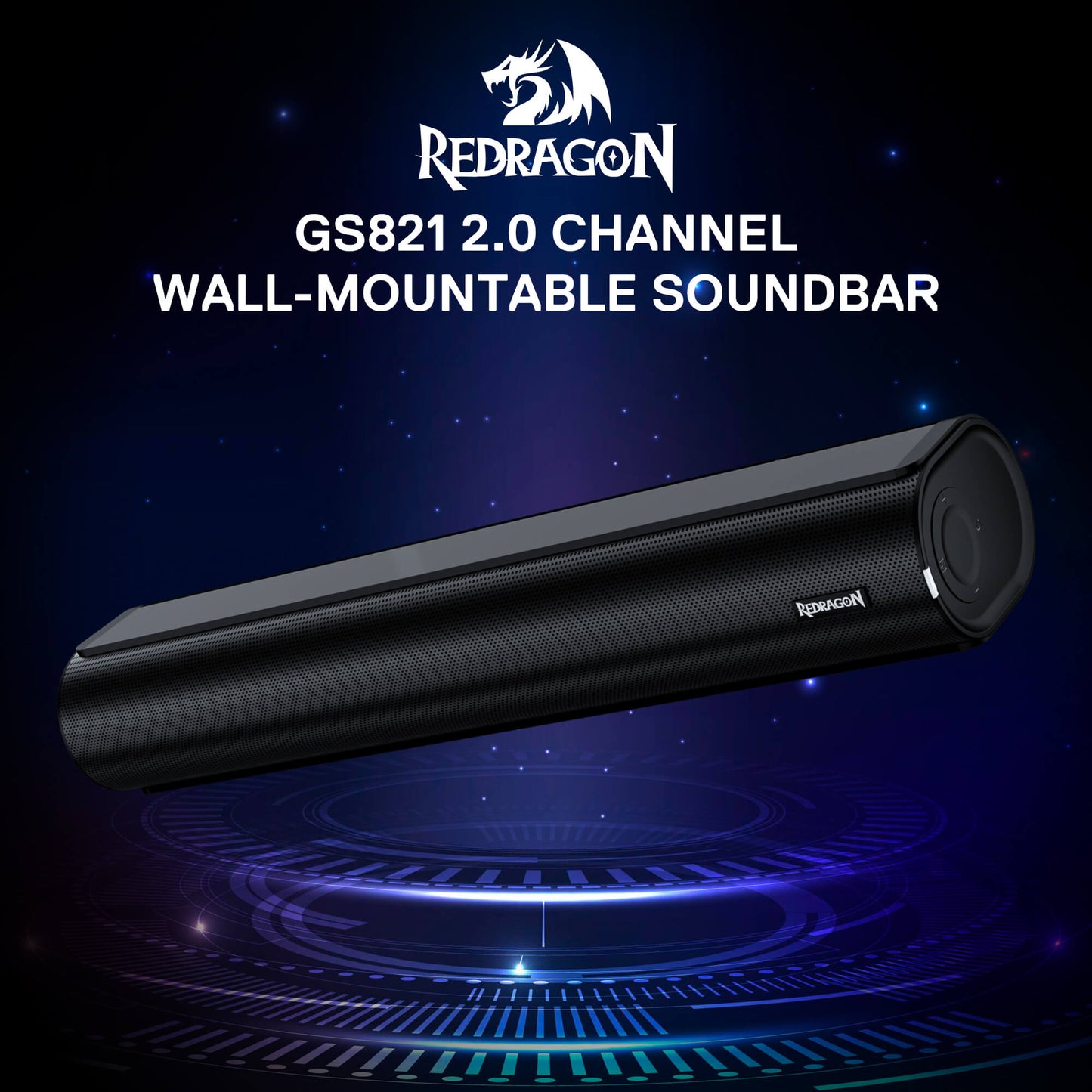 Redragon GS821 2.0 channel wall-mountable soundbar on a dark background with star-like dots.