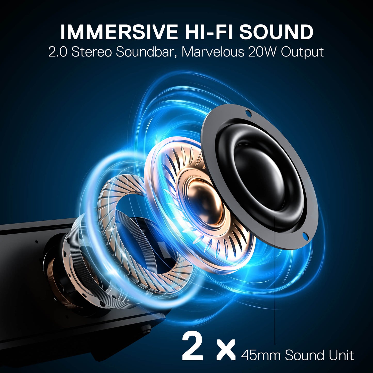 Soundbar with 45mm sound units and text about immersive Hi-Fi sound and output power.