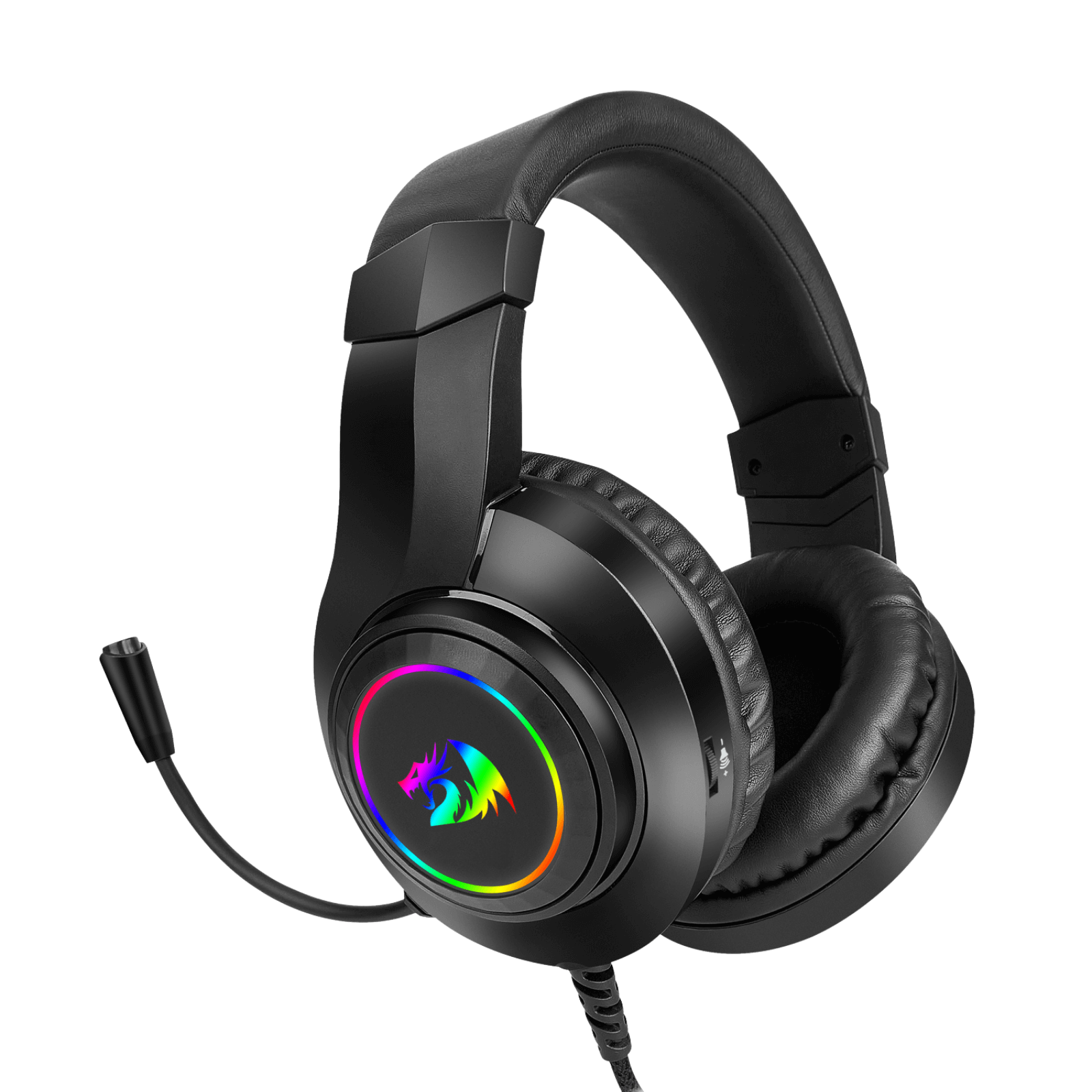 Redragon Black gaming headset with RGB lighting on a black background