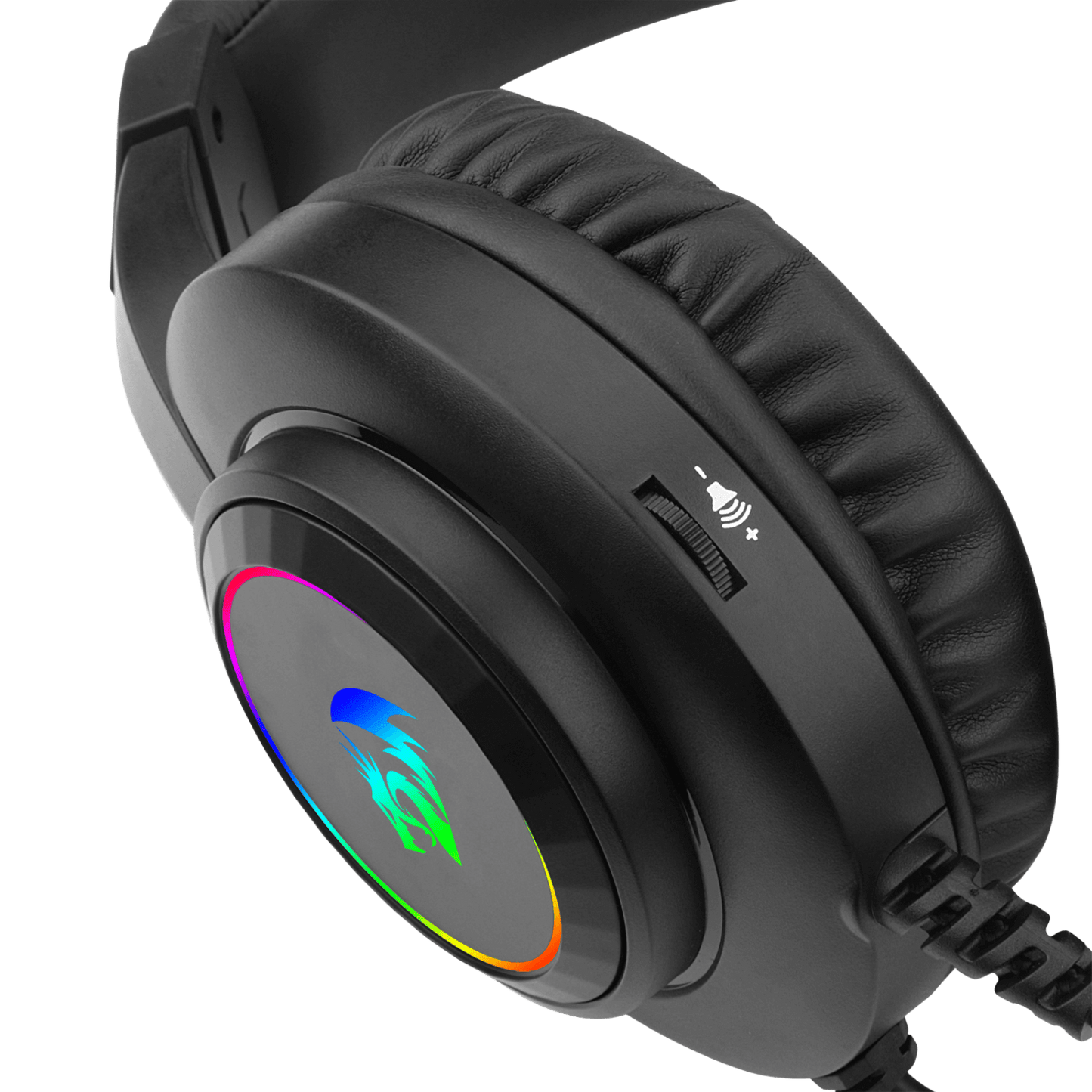 Black gaming headset with RGB lighting on a transparent background