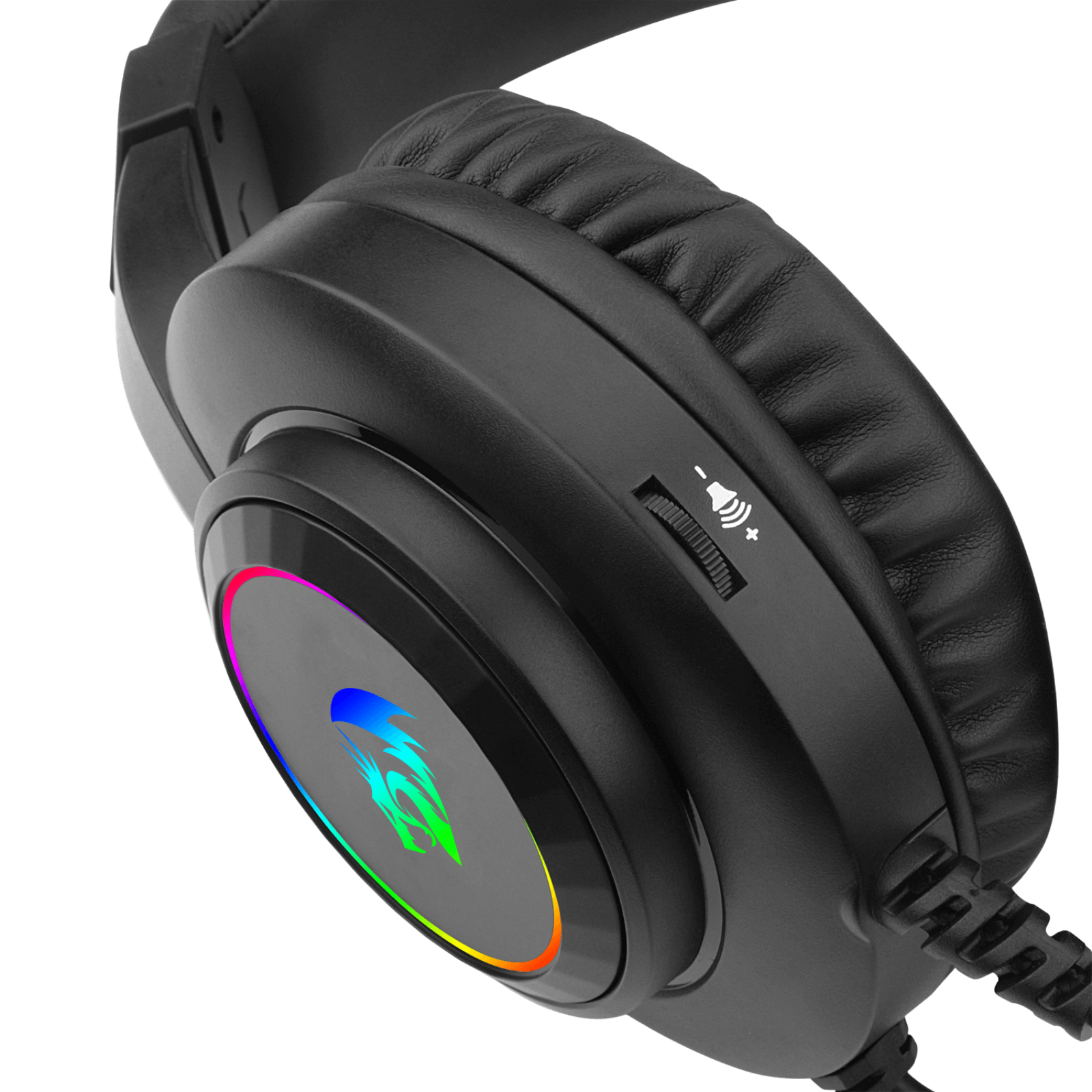 Black gaming headset with RGB lighting on a transparent background