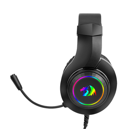Black gaming headset with RGB lighting on a white background