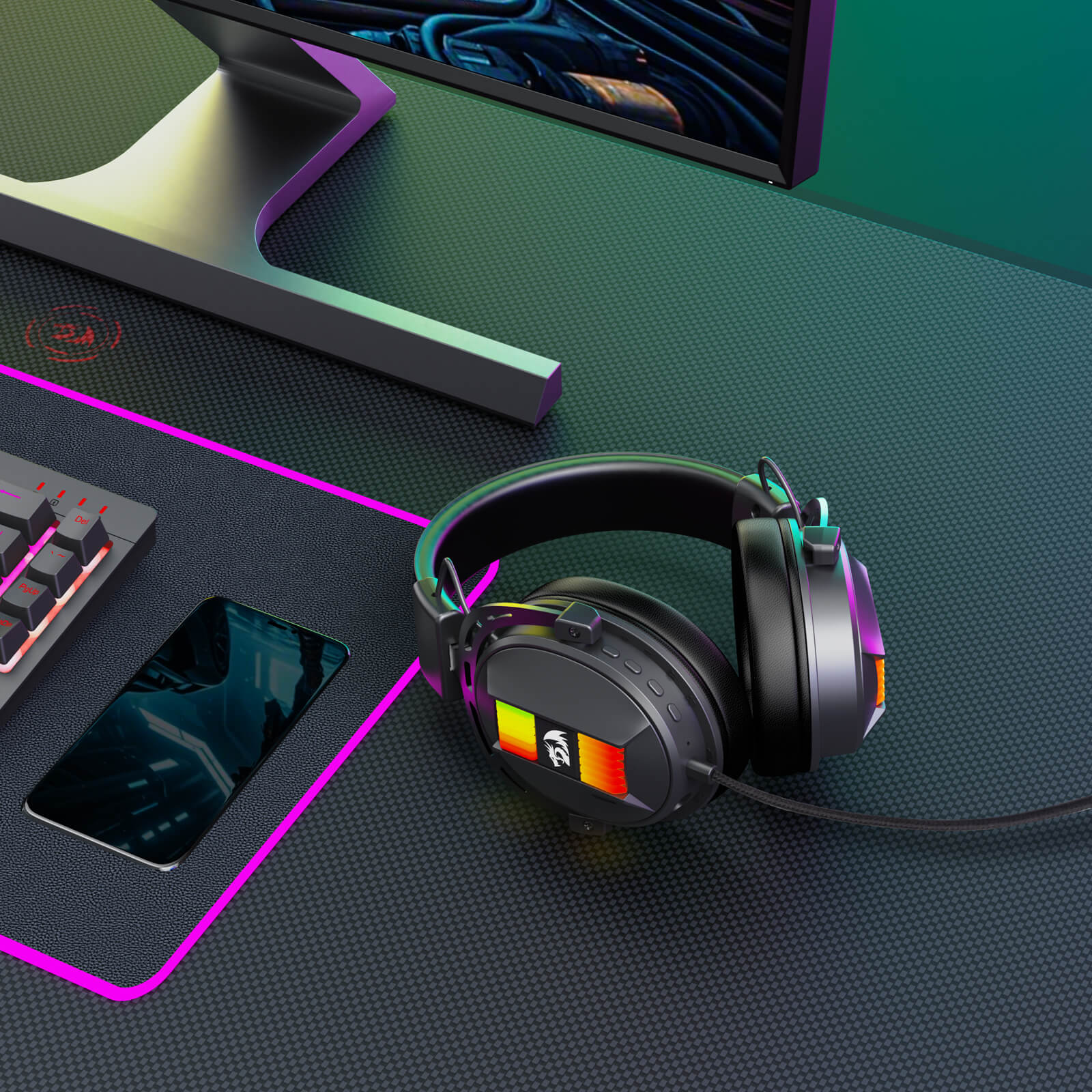 Redragon H375 Gaming headset on a desk with computer setup