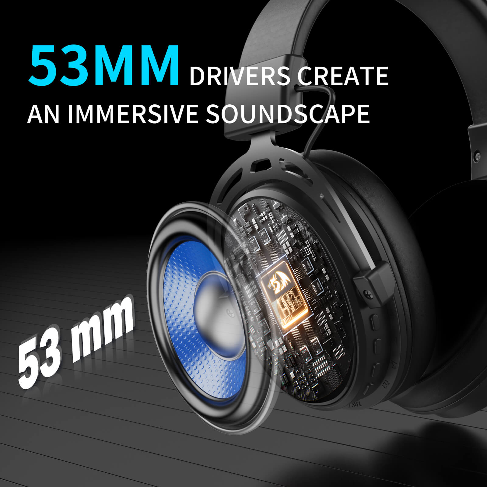 Headphones with a close-up of the driver and text highlighting '53 mm' drivers.