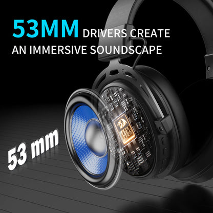 Headphones with a close-up of the driver and text highlighting '53 mm' drivers.