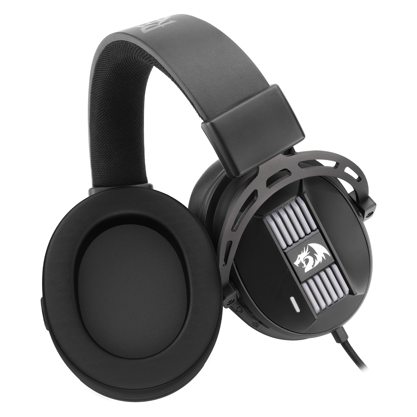 Black gaming headset with a Redragon logo on a transparent background