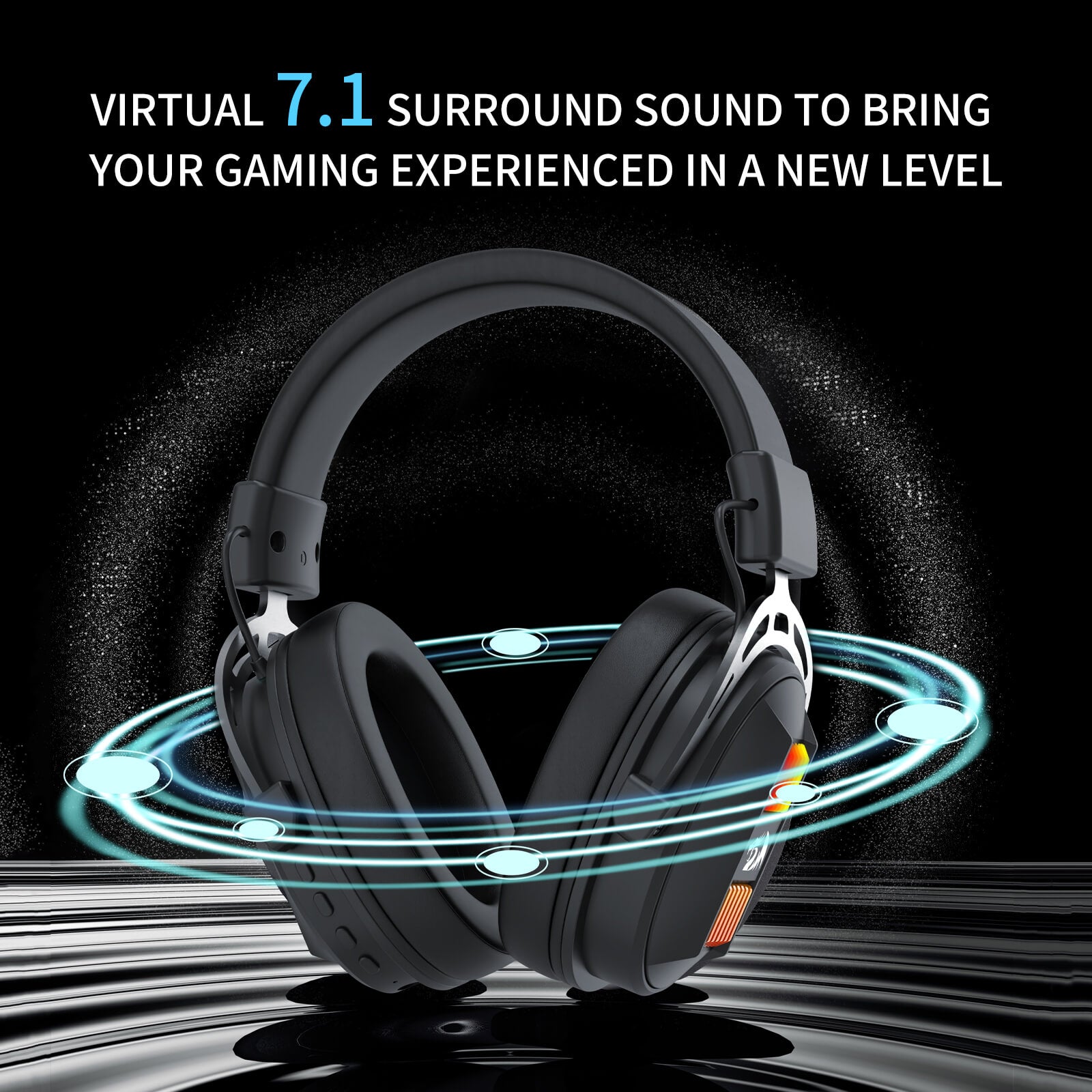 Gaming headset with virtual 7.1 surround sound feature on a dark background