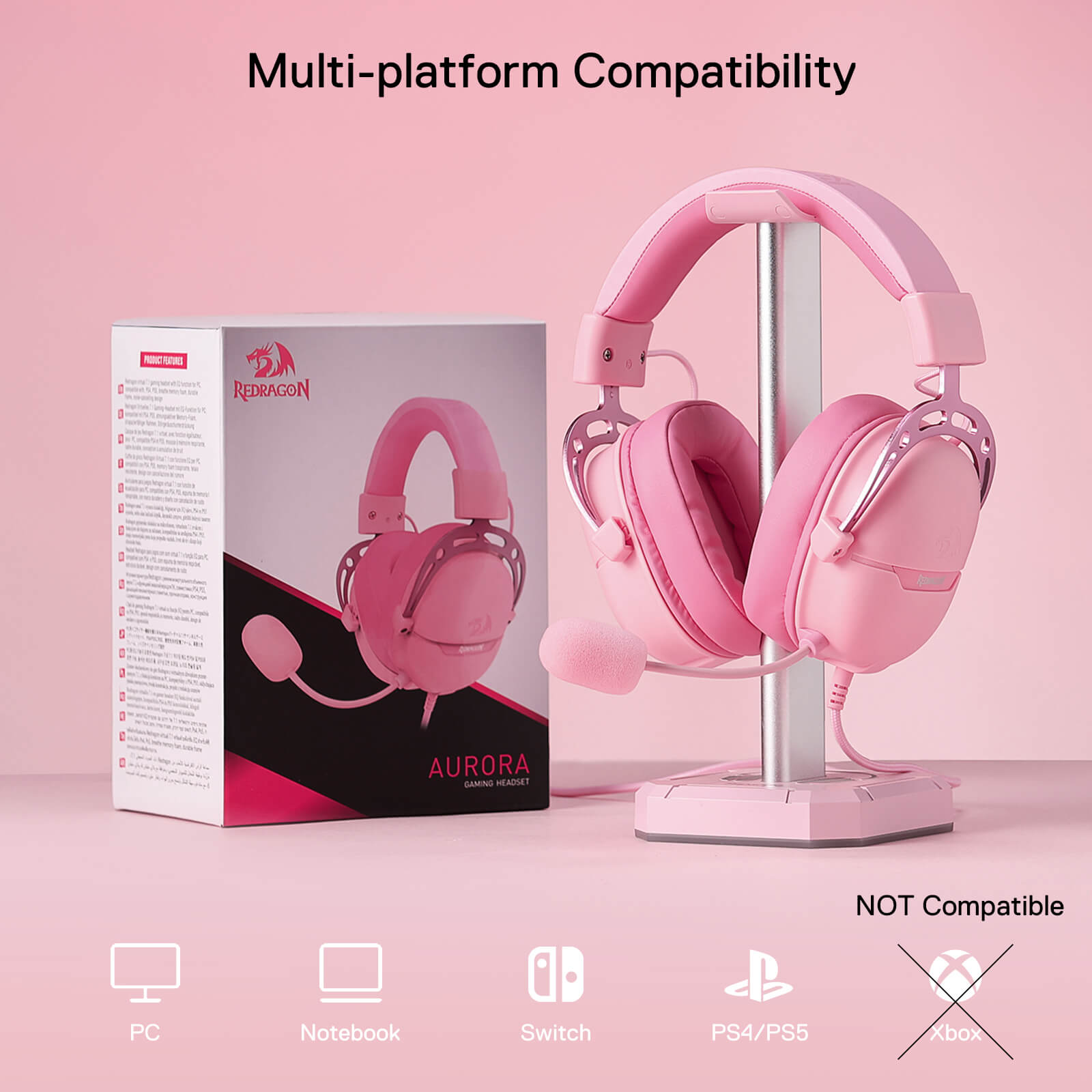 Redragon H376 Aurora Wired Gaming Headset, Virtual 7.1 Surround Sound, 40mm Drivers, in-line Control with EQ Mode, Over-Ear pink Headphones Works for PC/PS5/NS