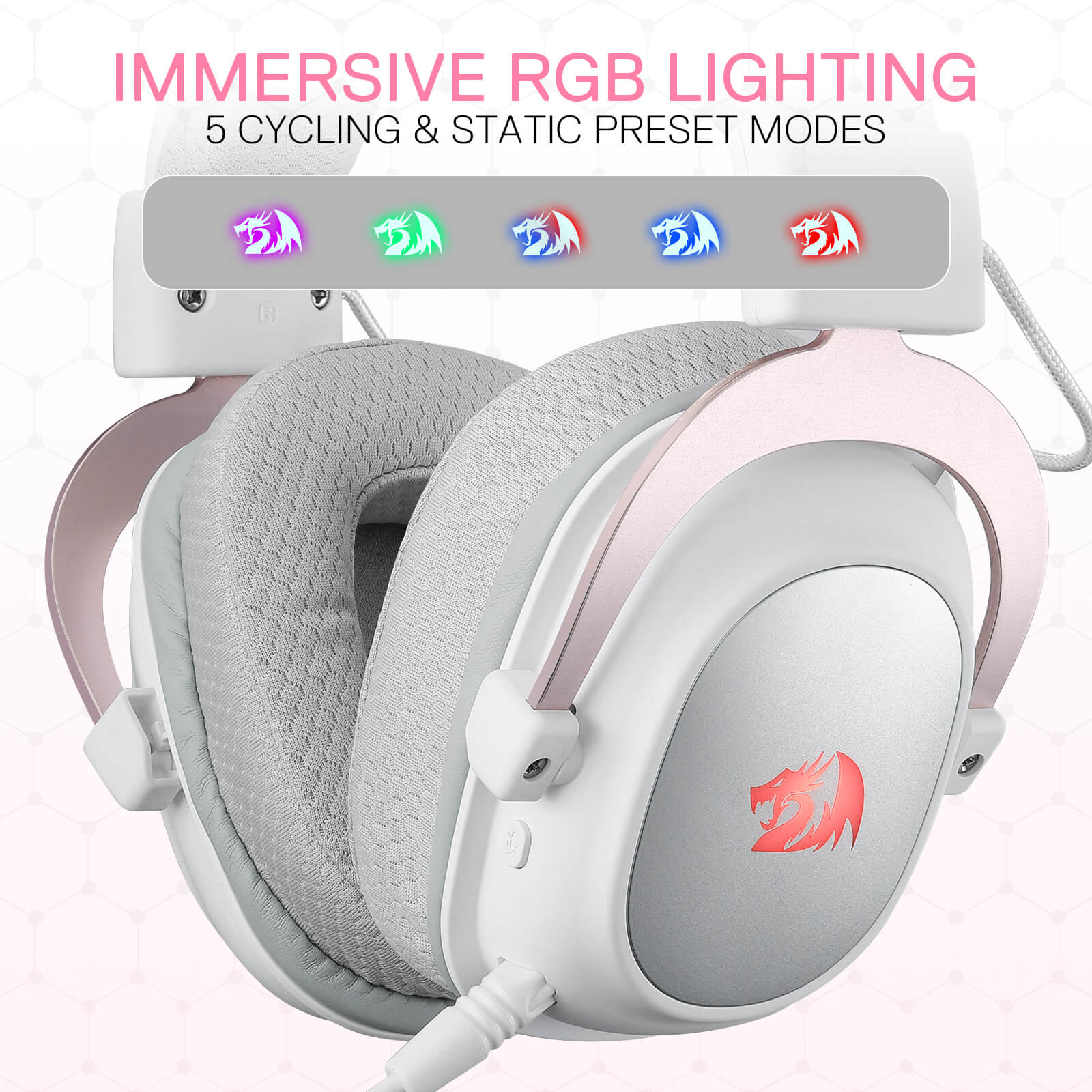 Redragon H510 PRO White 3-Mode RGB Gaming Headset - 7.1 Surround Sound - 53MM Audio Drivers in Memory Foam Ear Pads w/Durable Fabric Cover- Multi Platforms Headphone - USB Powered for PC/PS4/NS
