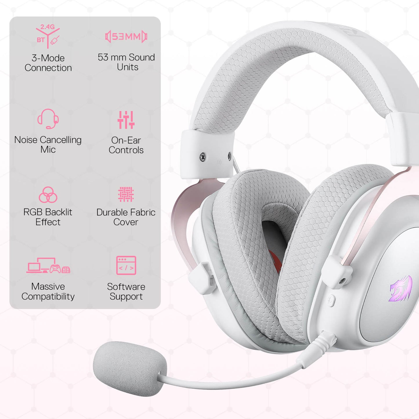 Redragon H510 PRO White 3-Mode RGB Gaming Headset - 7.1 Surround Sound - 53MM Audio Drivers in Memory Foam Ear Pads w/Durable Fabric Cover- Multi Platforms Headphone - USB Powered for PC/PS4/NS