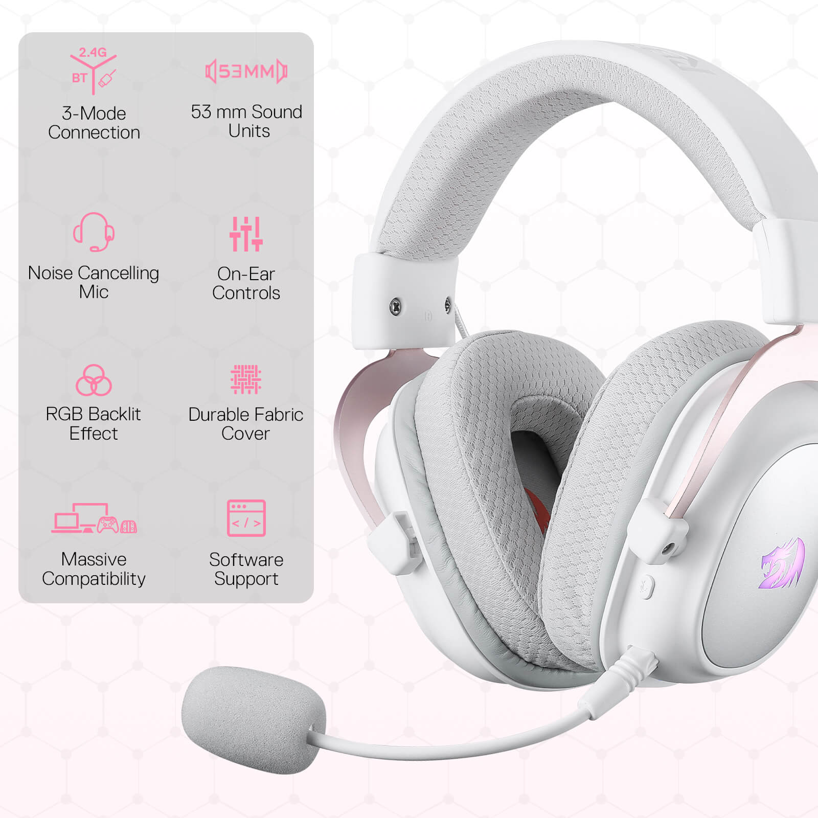 Redragon H510 PRO White 3-Mode RGB Gaming Headset - 7.1 Surround Sound - 53MM Audio Drivers in Memory Foam Ear Pads w/Durable Fabric Cover- Multi Platforms Headphone - USB Powered for PC/PS4/NS