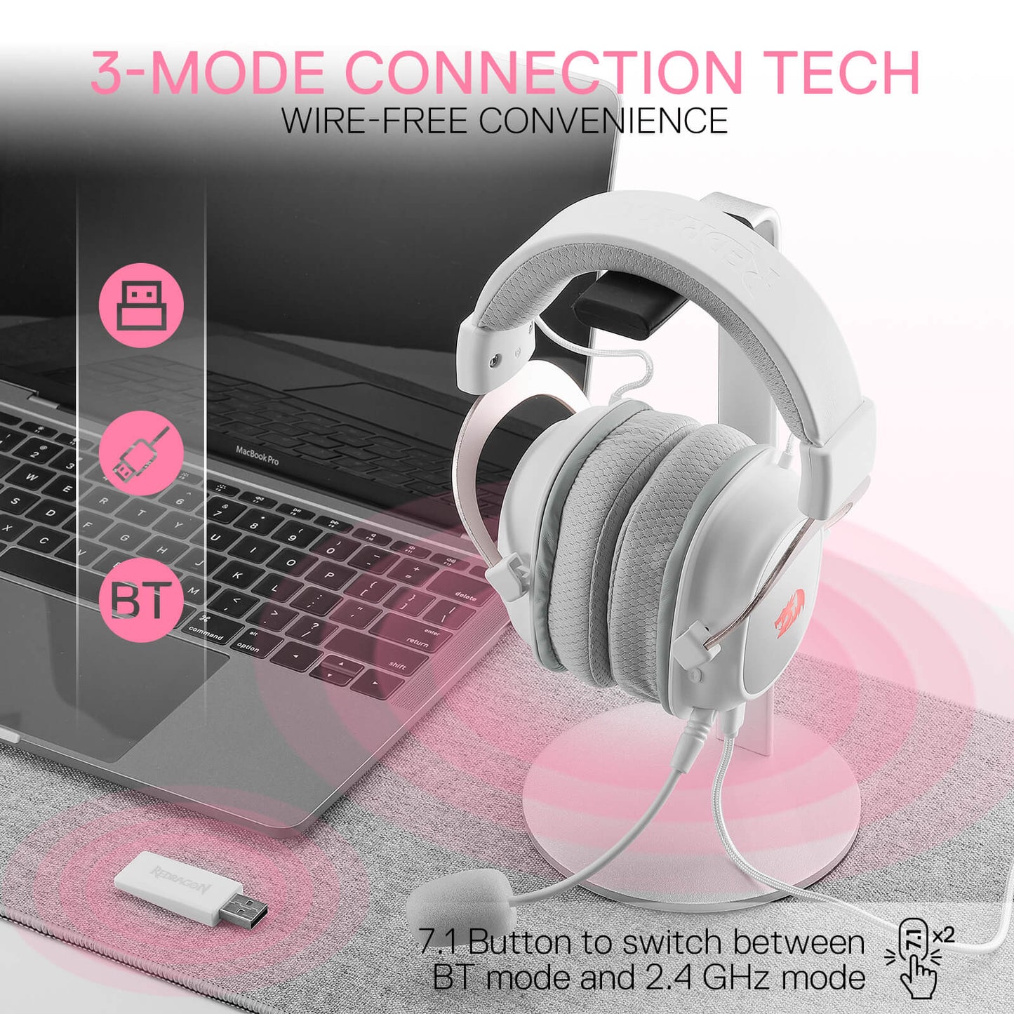 Redragon H510 PRO White 3-Mode RGB Gaming Headset - 7.1 Surround Sound - 53MM Audio Drivers in Memory Foam Ear Pads w/Durable Fabric Cover- Multi Platforms Headphone - USB Powered for PC/PS4/NS