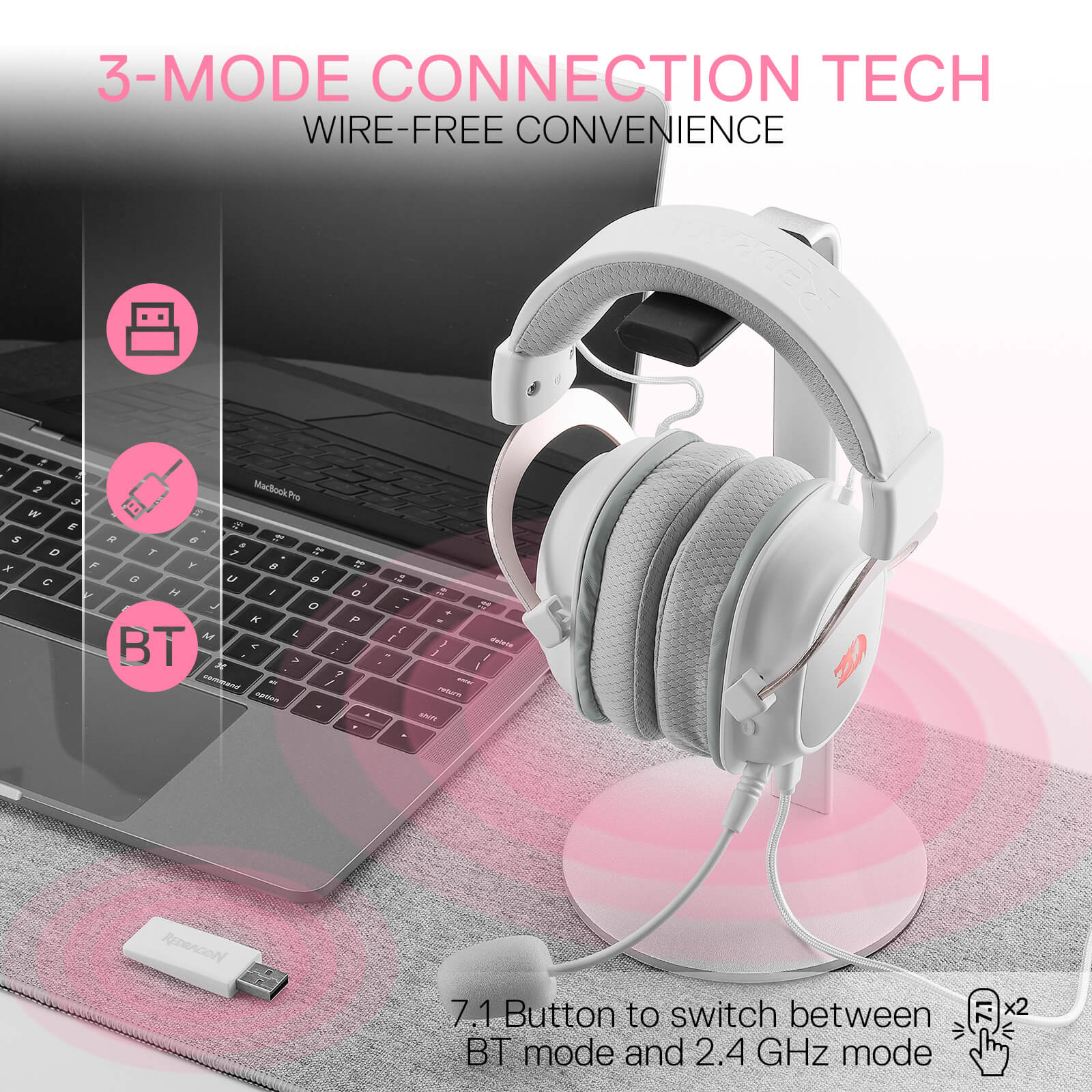 Redragon H510 PRO White 3-Mode RGB Gaming Headset - 7.1 Surround Sound - 53MM Audio Drivers in Memory Foam Ear Pads w/Durable Fabric Cover- Multi Platforms Headphone - USB Powered for PC/PS4/NS