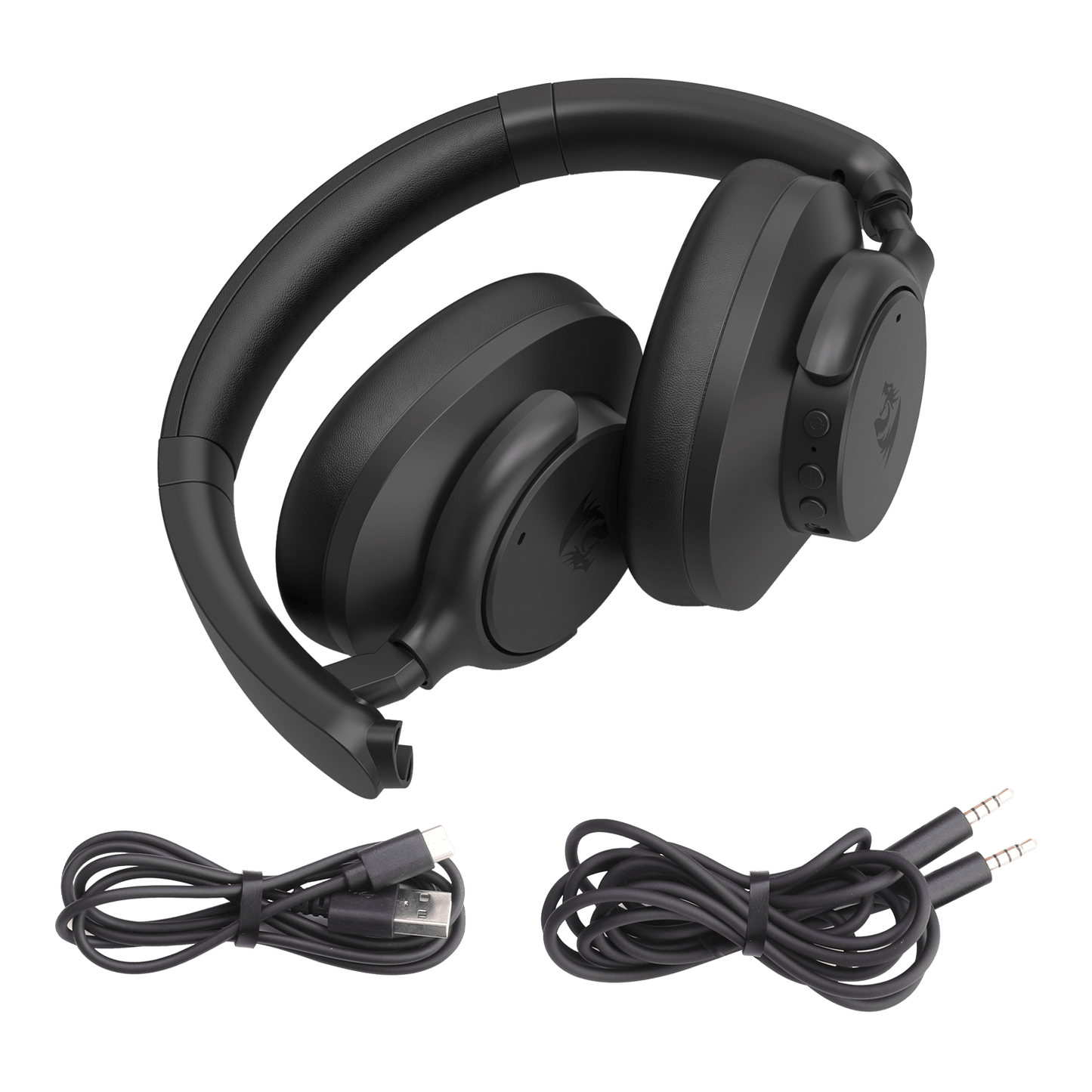 Black gaming headset with microphone and cables on a white background