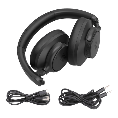 Black gaming headset with microphone and cables on a white background