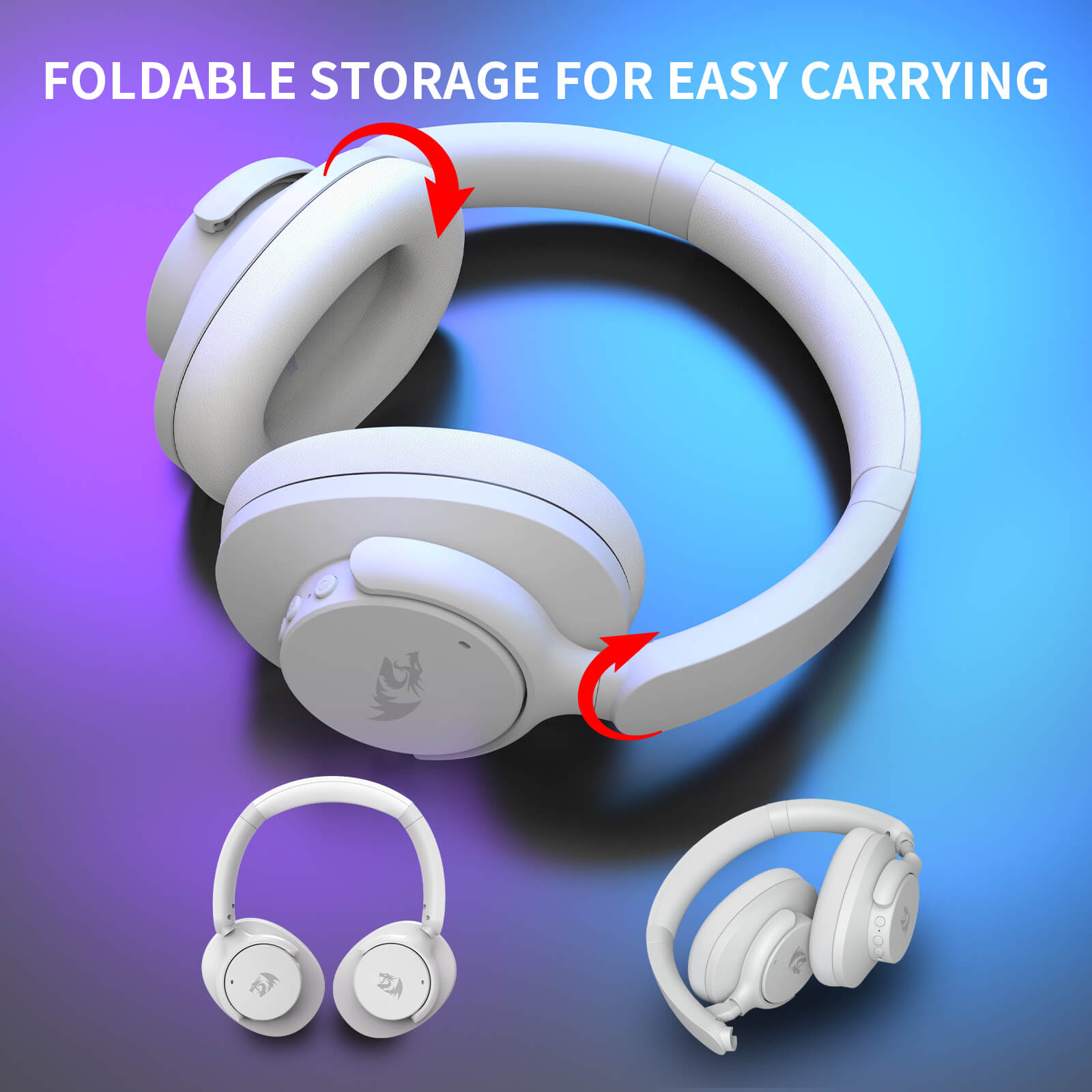 White headphones with foldable design on a gradient blue and purple background
