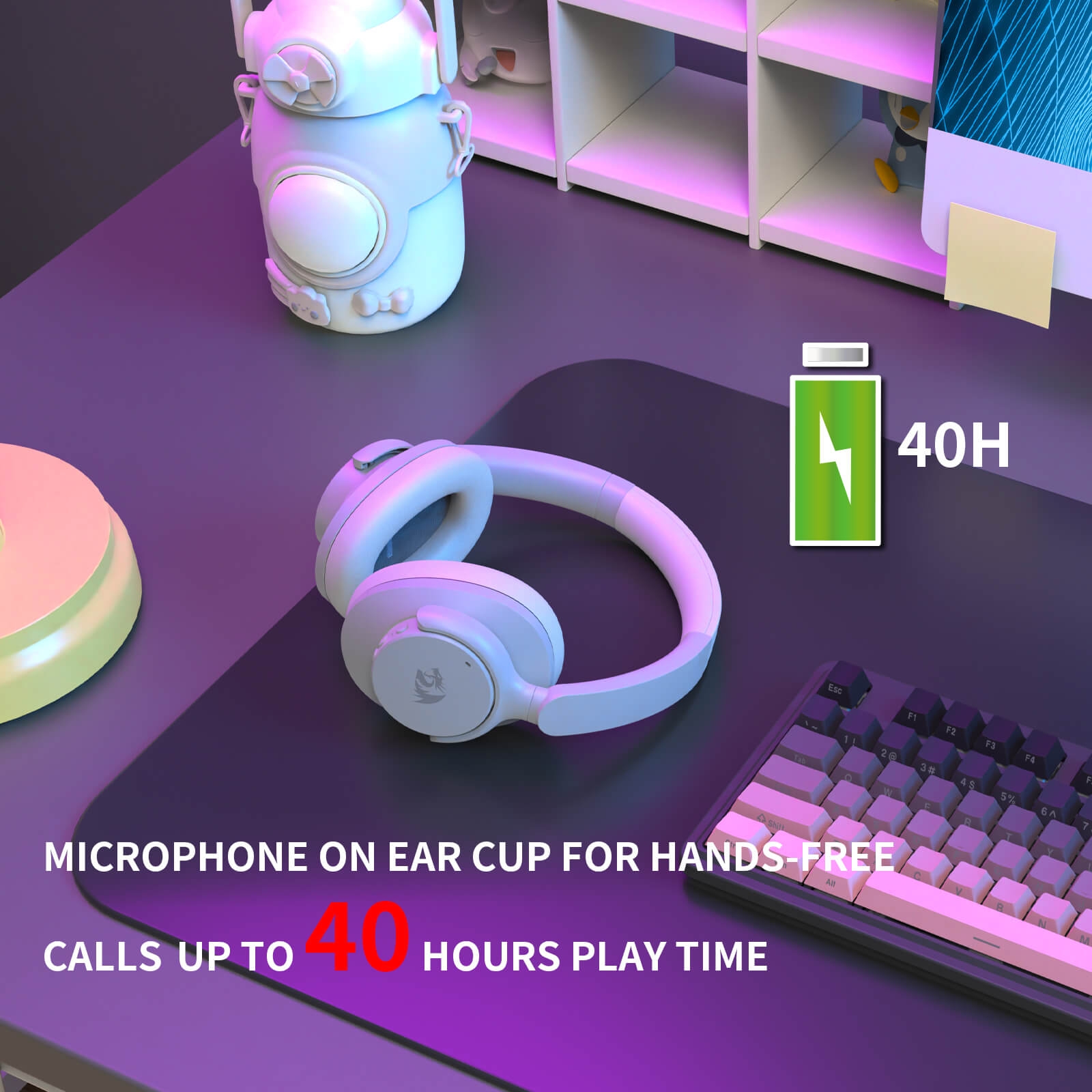 White headphones on a purple desk with text about microphone on ear cup and play time.