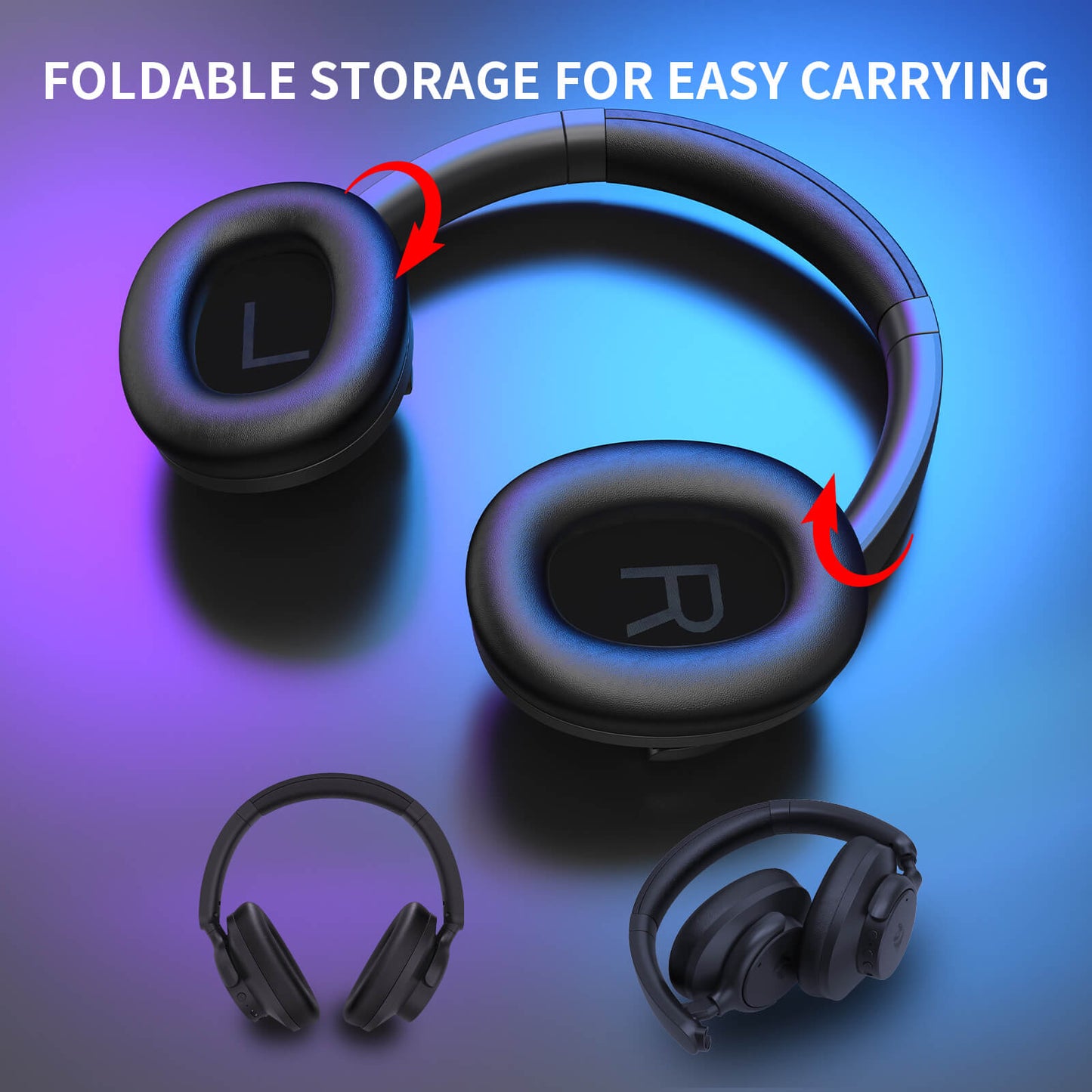 Foldable headphones with text 'Foldable storage for easy carrying' on a gradient background