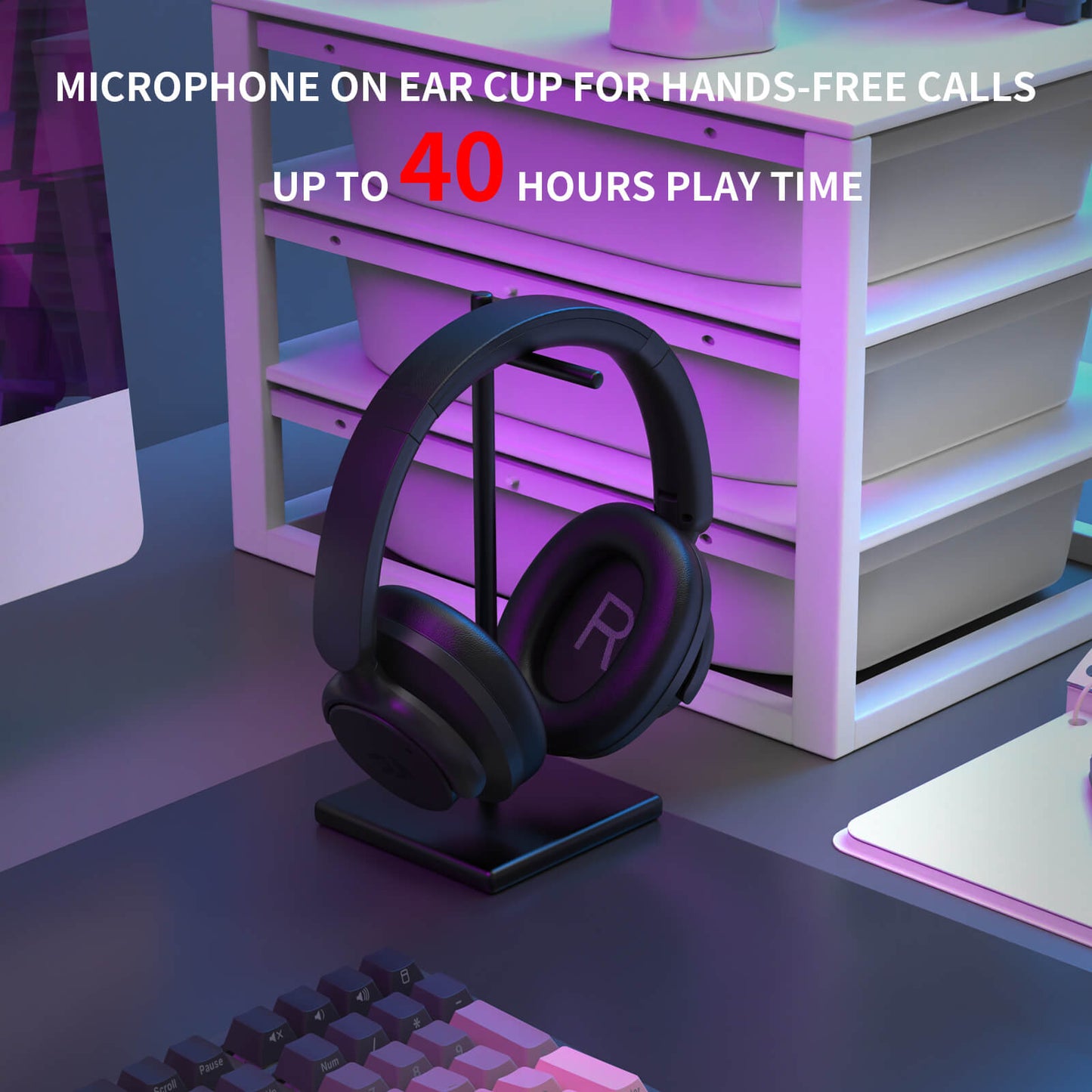 Redragon H610 Black headphones on a stand with promotional text about microphone on ear cup and play time on a desk setup.