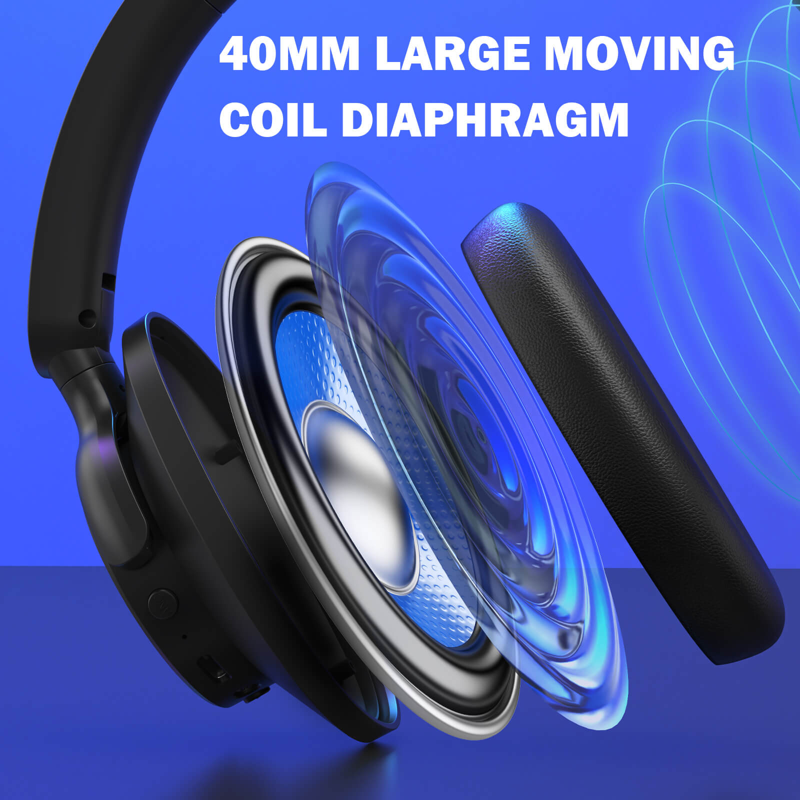 Speaker driver with '40MM LARGE MOVING COIL DIAPHRAGM' text on a blue background