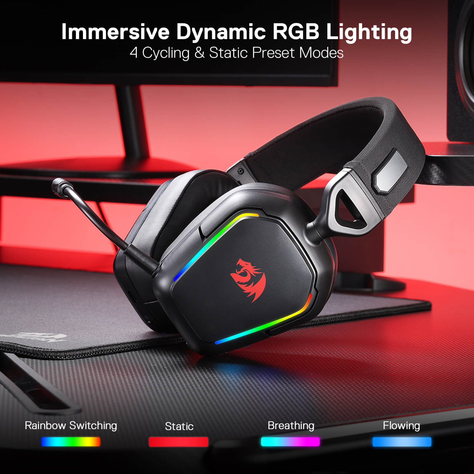 Redragon H868 3-Mode Wireless RGB Gaming Headset, 7.1 Surround Sound, 40 mm Drivers, Leather Foam Ear Pads, Noise-canceling Microphone, Over-Ear Headphones Works for Mobile, PC/PS5/XBOX/NS