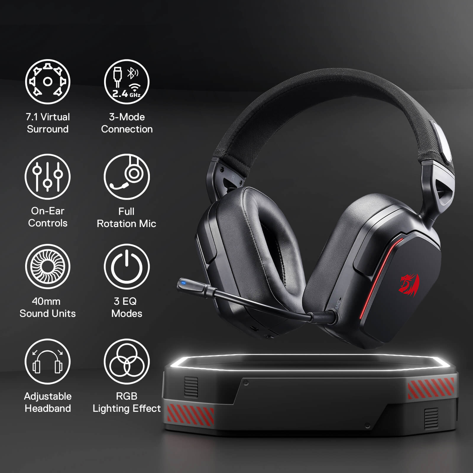 Redragon H868 3-Mode Wireless RGB Gaming Headset, 7.1 Surround Sound, 40 mm Drivers, Leather Foam Ear Pads, Noise-canceling Microphone, Over-Ear Headphones Works for Mobile, PC/PS5/XBOX/NS