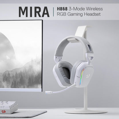 Redragon H868 3-Mode Wireless RGB White Headset, 7.1 Surround Sound, 40 mm Drivers, Leather Foam Ear Pads, Noise-canceling Microphone, Over-Ear Headphones Works for Mobile, PC/PS5/XBOX/NS