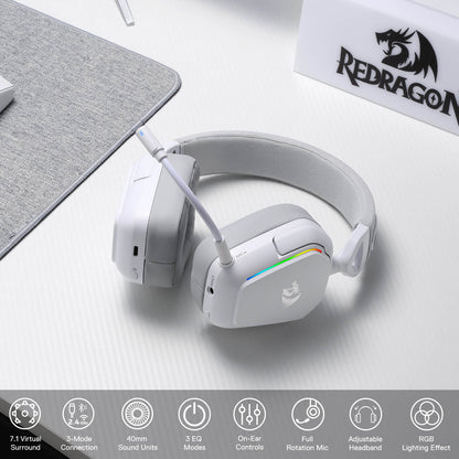 Redragon H868 3-Mode Wireless RGB White Headset, 7.1 Surround Sound, 40 mm Drivers, Leather Foam Ear Pads, Noise-canceling Microphone, Over-Ear Headphones Works for Mobile, PC/PS5/XBOX/NS