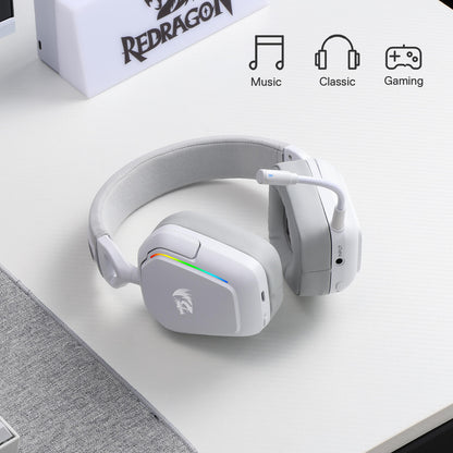 Redragon H868 3-Mode Wireless RGB White Headset, 7.1 Surround Sound, 40 mm Drivers, Leather Foam Ear Pads, Noise-canceling Microphone, Over-Ear Headphones Works for Mobile, PC/PS5/XBOX/NS