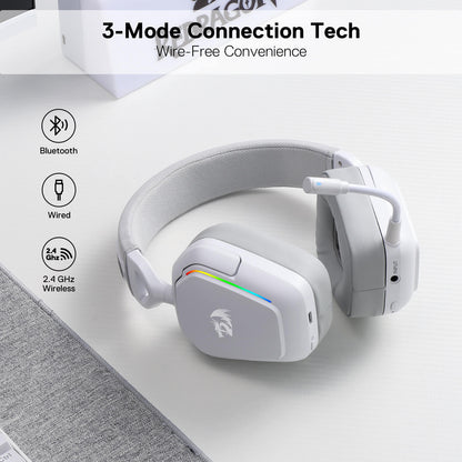 Redragon H868 3-Mode Wireless RGB White Headset, 7.1 Surround Sound, 40 mm Drivers, Leather Foam Ear Pads, Noise-canceling Microphone, Over-Ear Headphones Works for Mobile, PC/PS5/XBOX/NS