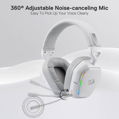 Redragon H868 3-Mode Wireless RGB White Headset, 7.1 Surround Sound, 40 mm Drivers, Leather Foam Ear Pads, Noise-canceling Microphone, Over-Ear Headphones Works for Mobile, PC/PS5/XBOX/NS