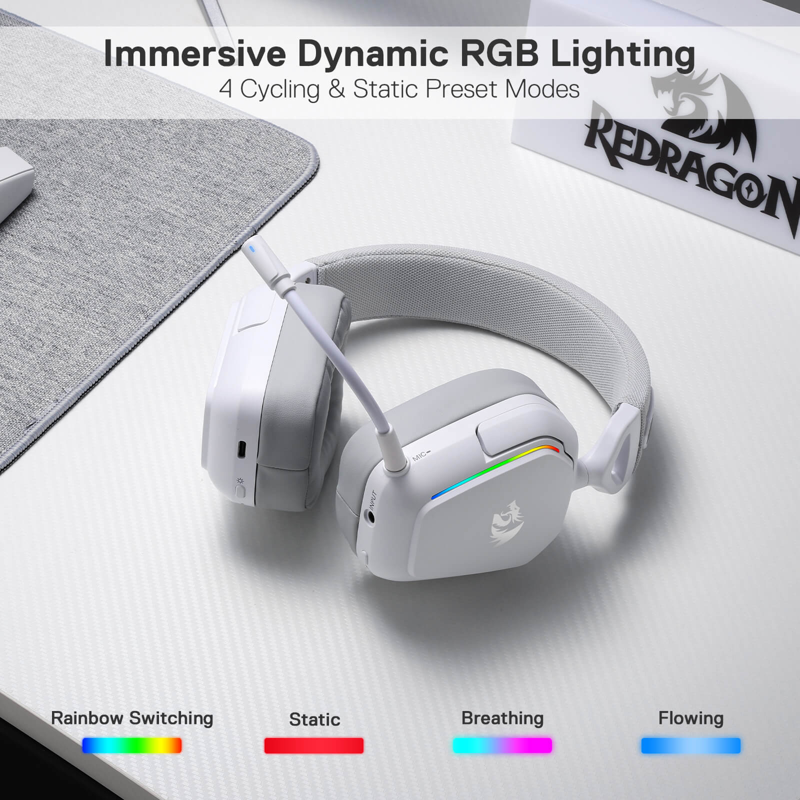 Redragon H868 3-Mode Wireless RGB White Headset, 7.1 Surround Sound, 40 mm Drivers, Leather Foam Ear Pads, Noise-canceling Microphone, Over-Ear Headphones Works for Mobile, PC/PS5/XBOX/NS