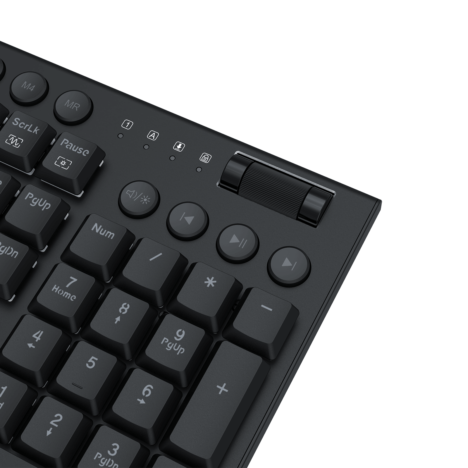 Close-up of a black mechanical keyboard showing the number pad, control buttons, and a slider switch on a black background.