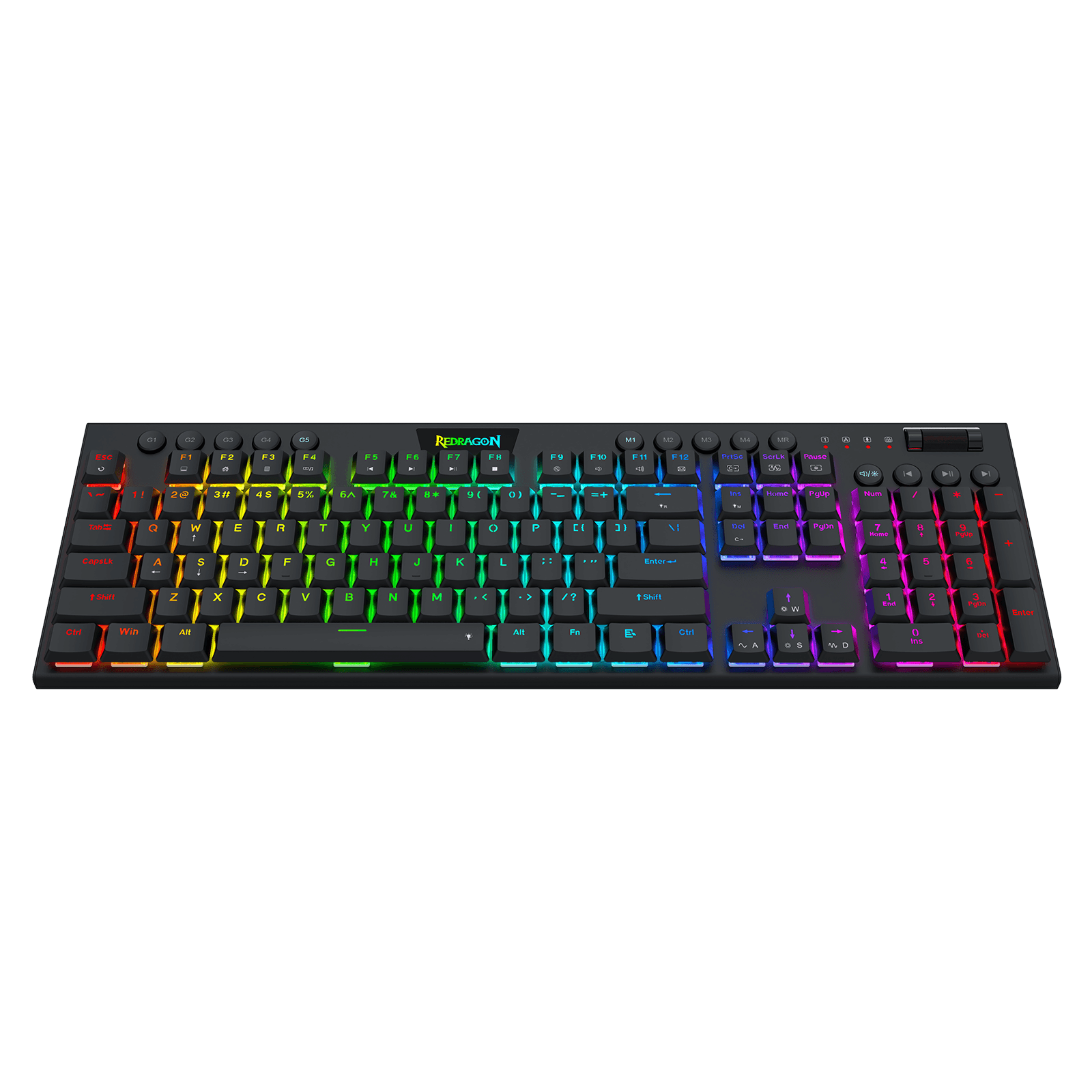 A black mechanical gaming keyboard with vibrant RGB rainbow backlighting, shown from a top-down perspective against a solid black background. The brand name 'Razer' is visible in green on the spacebar area.