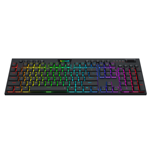 A black mechanical gaming keyboard with vibrant RGB rainbow backlighting, shown from a top-down perspective against a solid black background. The brand name 'Razer' is visible in green on the spacebar area.