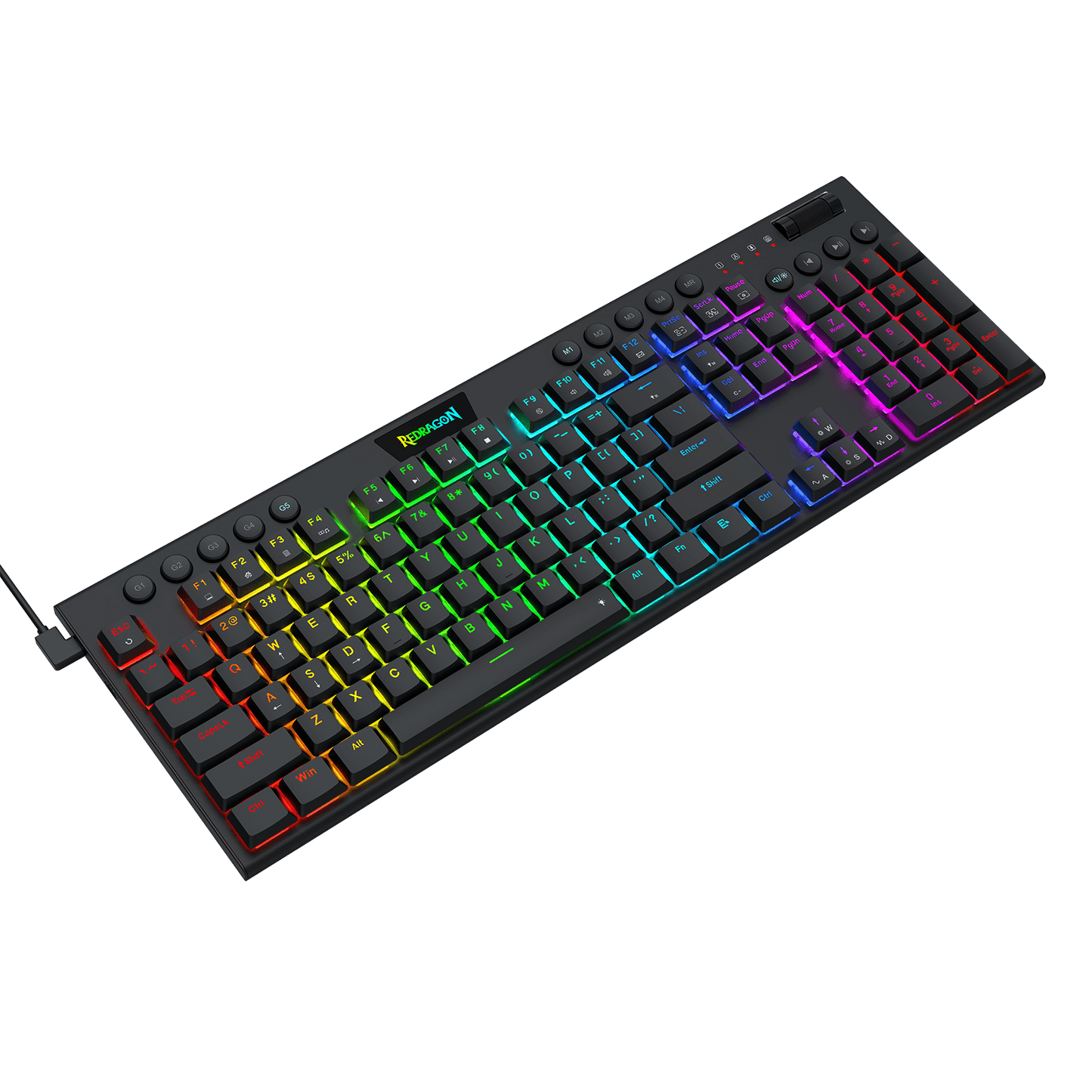 A black mechanical gaming keyboard with vibrant RGB rainbow backlighting, shown at an angle on a solid black background.