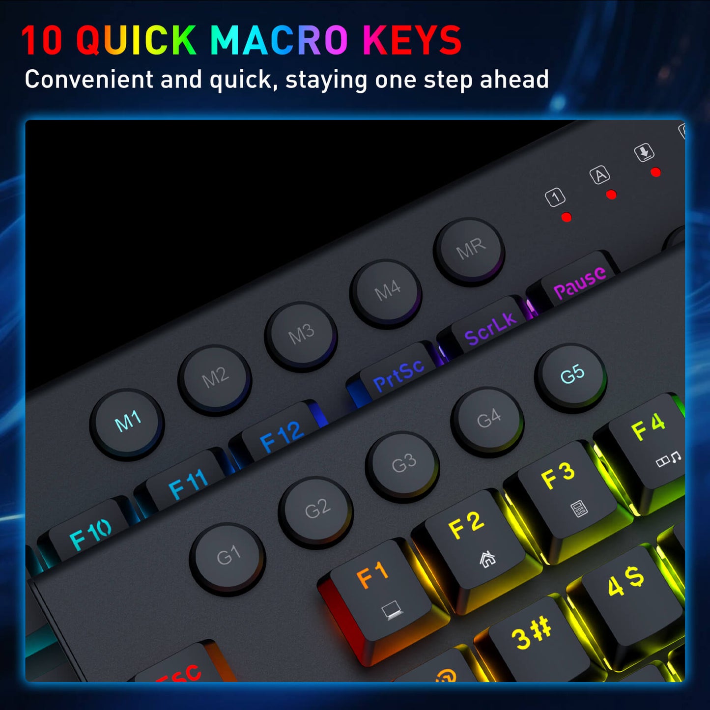 Close-up of a black mechanical keyboard showing custom macro key labels such as M1-M4, MR, Pause, F10-F12, and colored function keys, with text at the top reading '10 QUICK MACRO KEYS' and 'Convenient and quick, staying one step ahead.'.