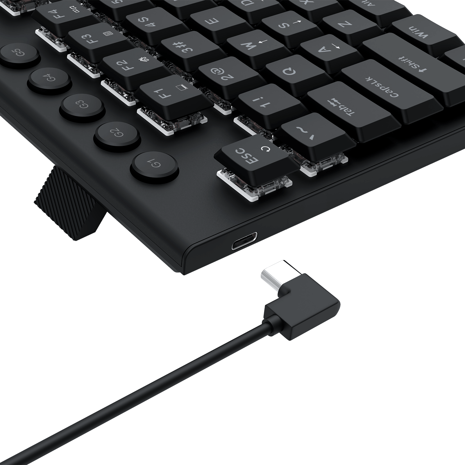 Close-up of a black mechanical keyboard showing the side profile, port buttons, and a black right-angle USB cable connected to a USB port on a black background.
