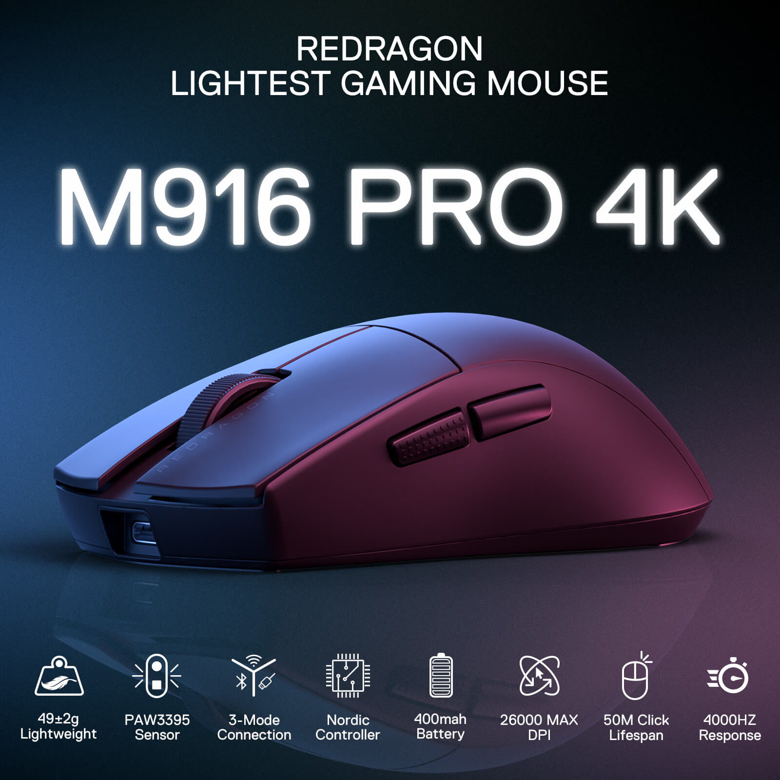 Redragon K1ING M916 PRO 4K Hz 3-Mode Wireless Gaming Mouse