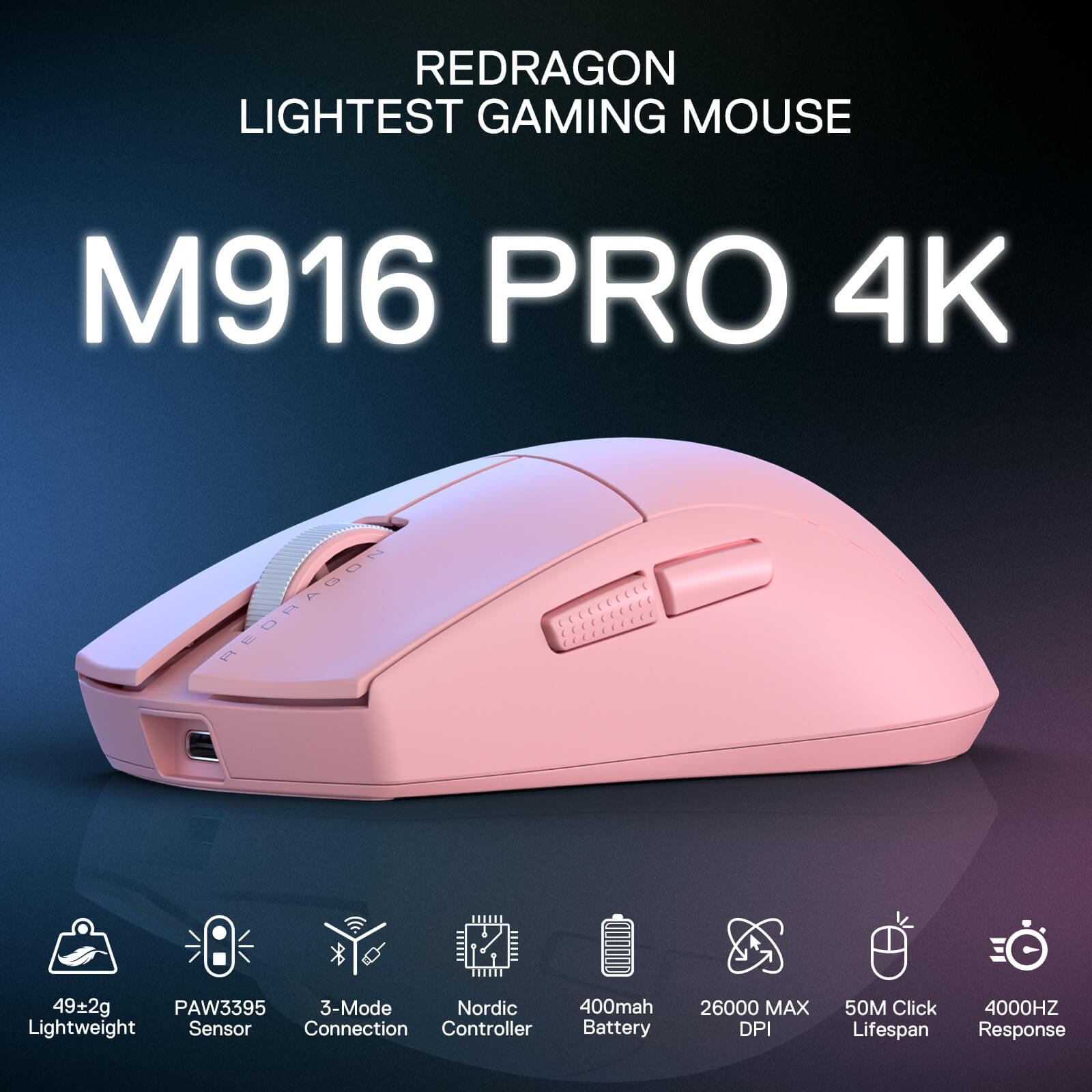 Redragon K1ING M916 PRO 4K Hz 3-Mode Wireless Gaming Mouse