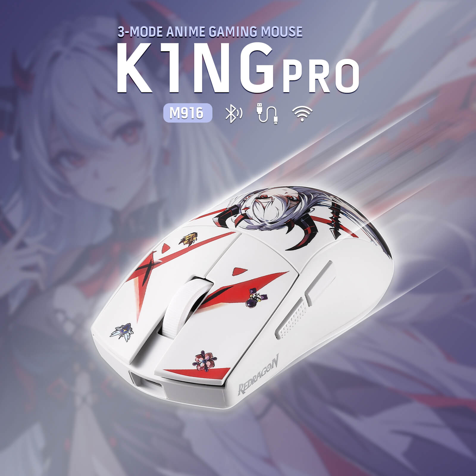 Anime-Themed Redragon M916 K1NG Pro Wireless Gaming Mouse - Featuring a lightweight 42g design with detailed anime character artwork, perfect for anime fans and gamers.