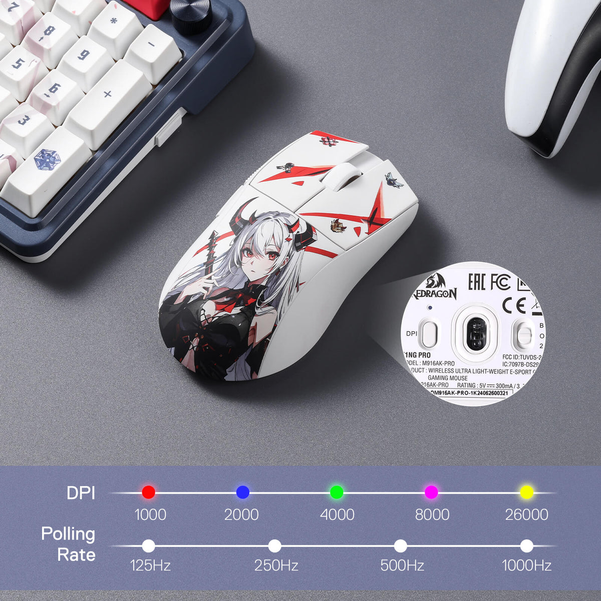 Redragon K1NG M916 PRO 1K Hz 3-Mode Wireless Anime Gaming Mouse ...