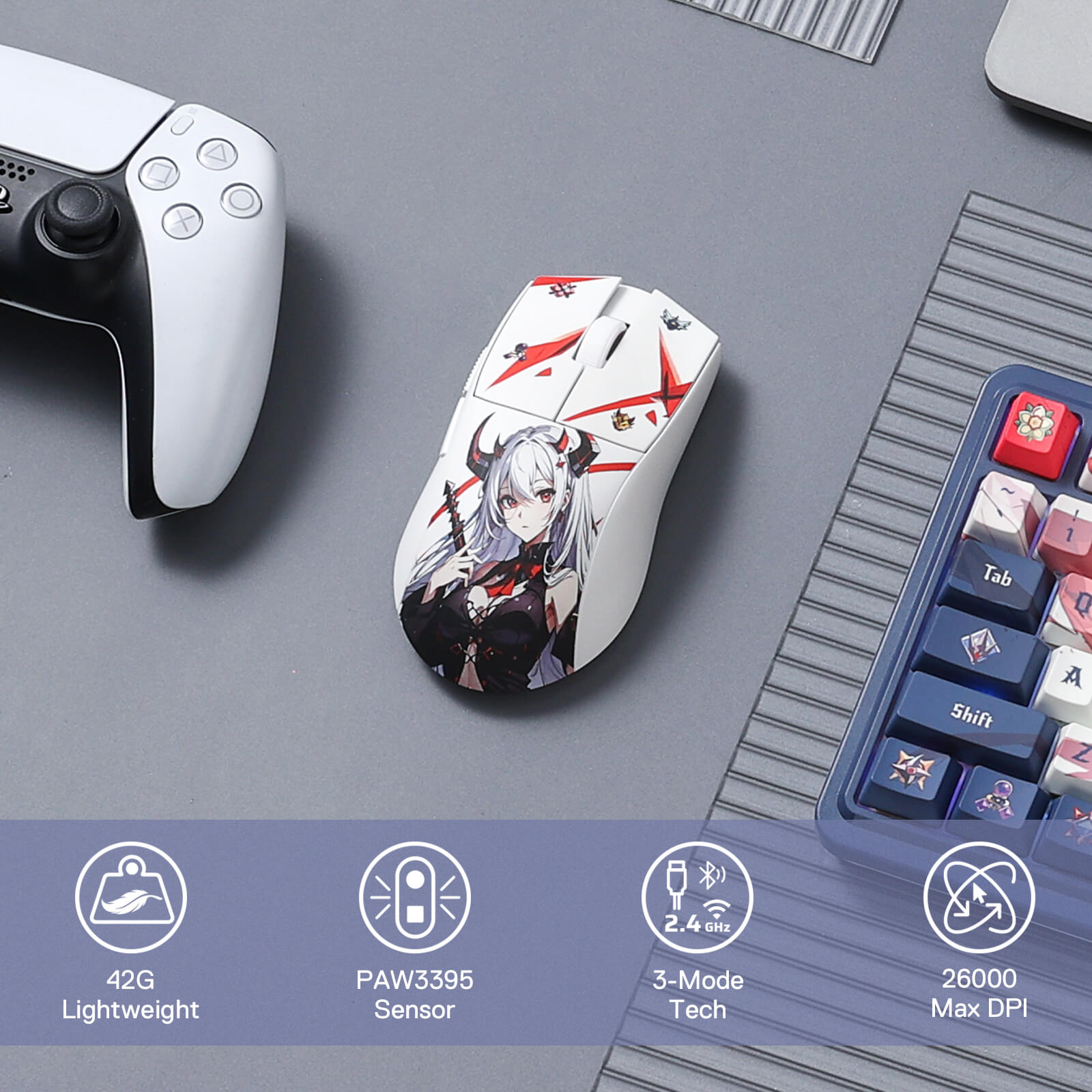 Anime-themed lightweight wireless gaming mouse with a PAW3395 sensor, featuring a custom character design, 3-mode connectivity including 2.4 GHz, and a maximum DPI of 26,000. Shown next to a PlayStation controller and a custom mechanical keyboard with decorative keycaps