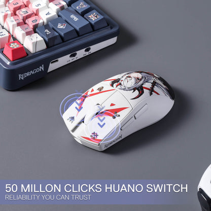 Redragon M916 gaming mouse featuring a unique ANIME design with character graphics EISA, alongside a K686 PRO SE mechanical keyboard. The mouse highlights the Huano switch with a durability of 50 million clicks, emphasizing reliability for gamers.