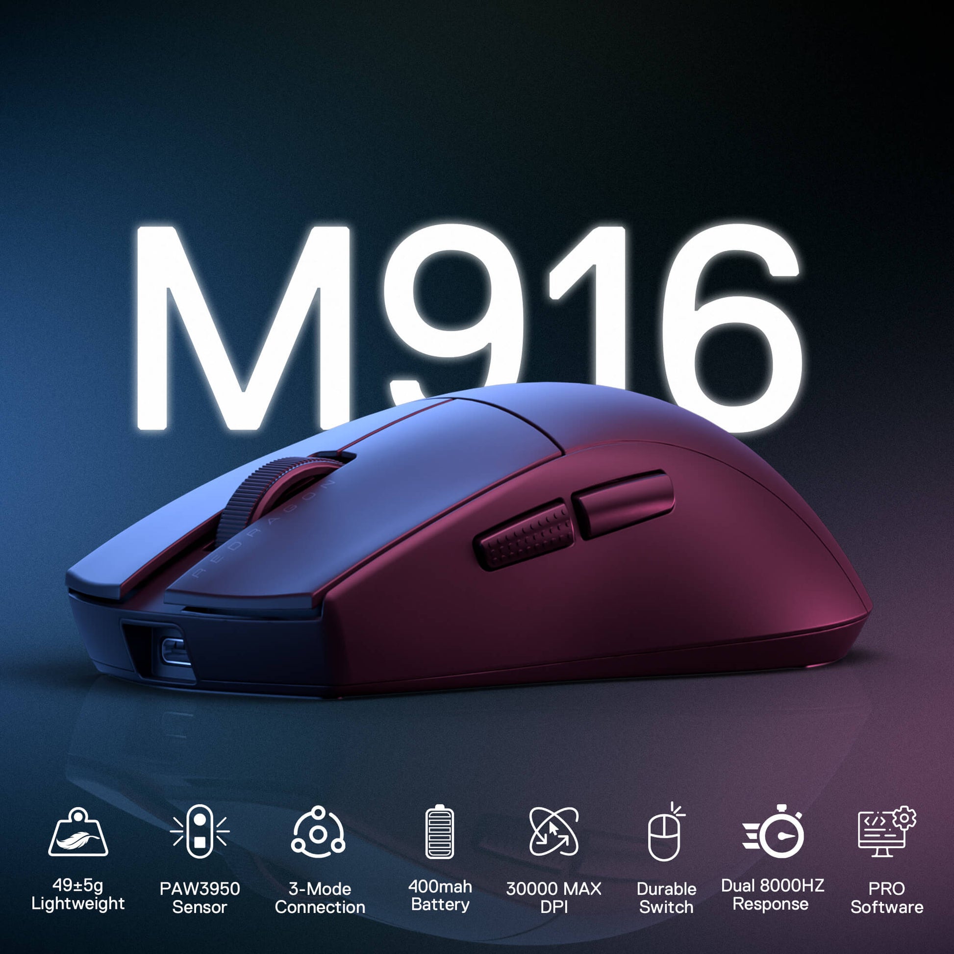 Redragon M916 ULT Wireless 8K Polling Rate Gaming Mouse, 49G Ultra-Light 30,000 Max DPI Gaming Mice w/Ergonomic Natural Grip Build, Full Programmable Buttons, Software Supports DIY Keybinds & DPI