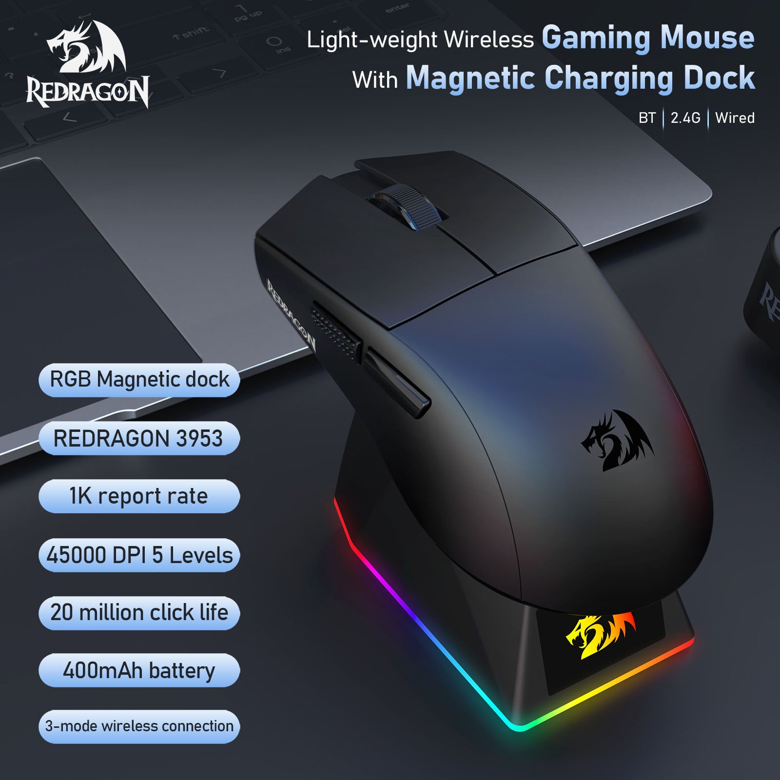 Redragon M999 Wireless Gaming Mouse, Tri-Mode Mouse with RGB Magnetic Charging Dock, 45000 DPI MAX Adjustable, 4 Programmable Buttons, Ergonomic Design for PC Laptop Mac