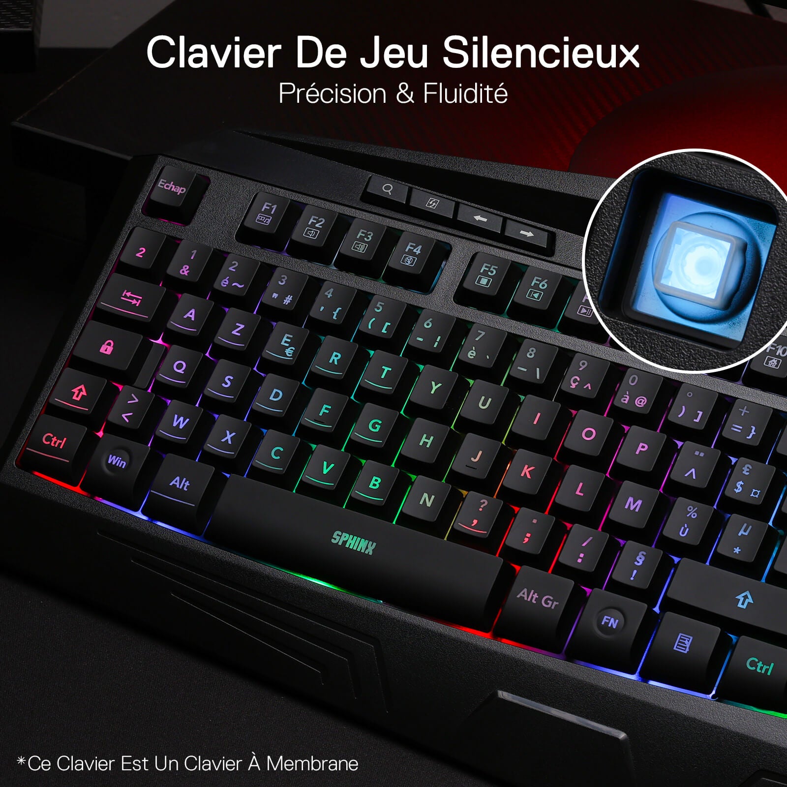 Gaming keyboard with membrane keys on a dark background, featuring the brand 'Sphinx'.