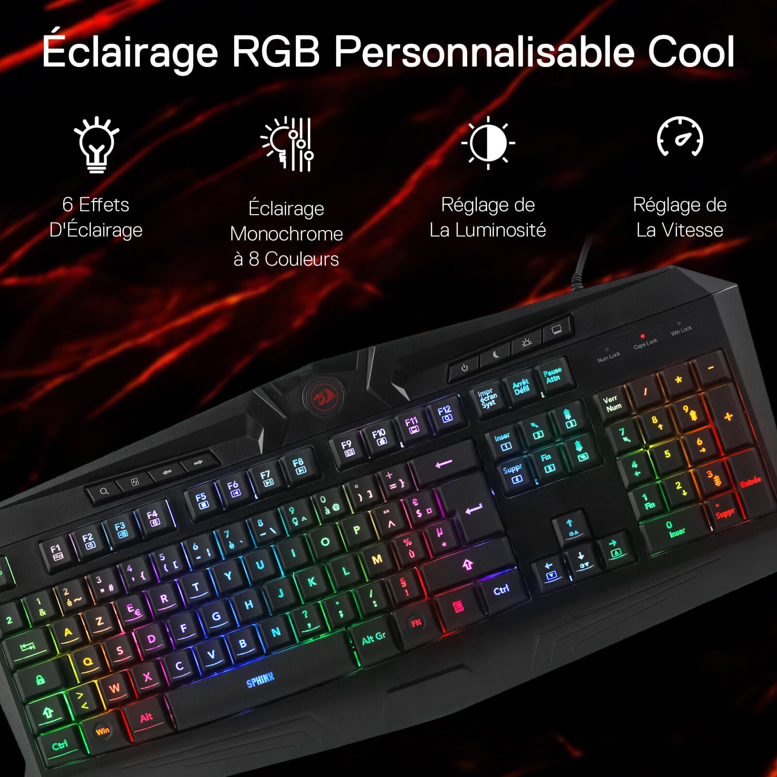 Redragon K503 AZERTY Wired Gaming Keyboard, RGB LED Backlight, Multimedia Keys, Silent Membrane Keyboard with Wrist Rest for Windows PC (Black)